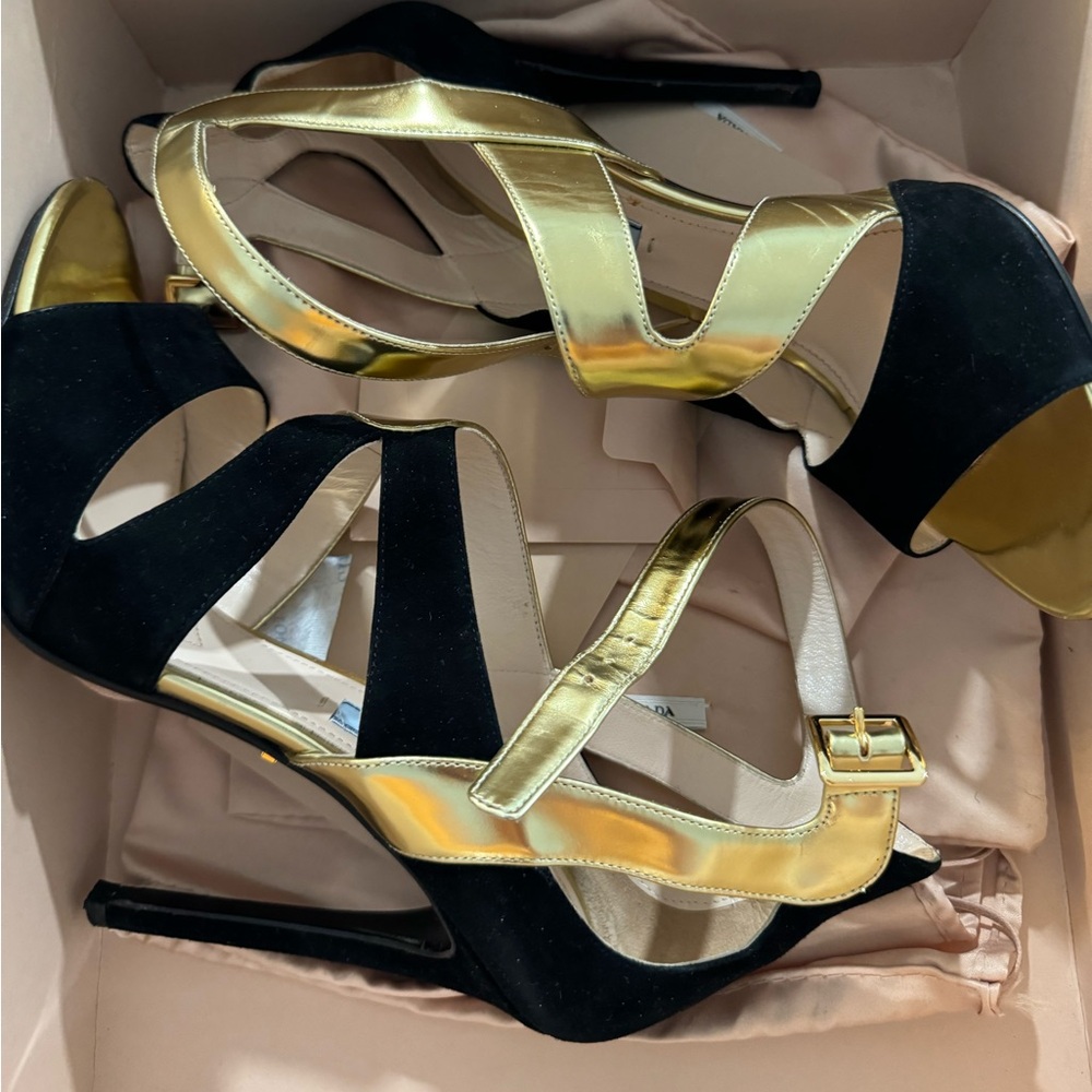 Prada
Suede & Metallic Crisscross Sandal, Gold/Black